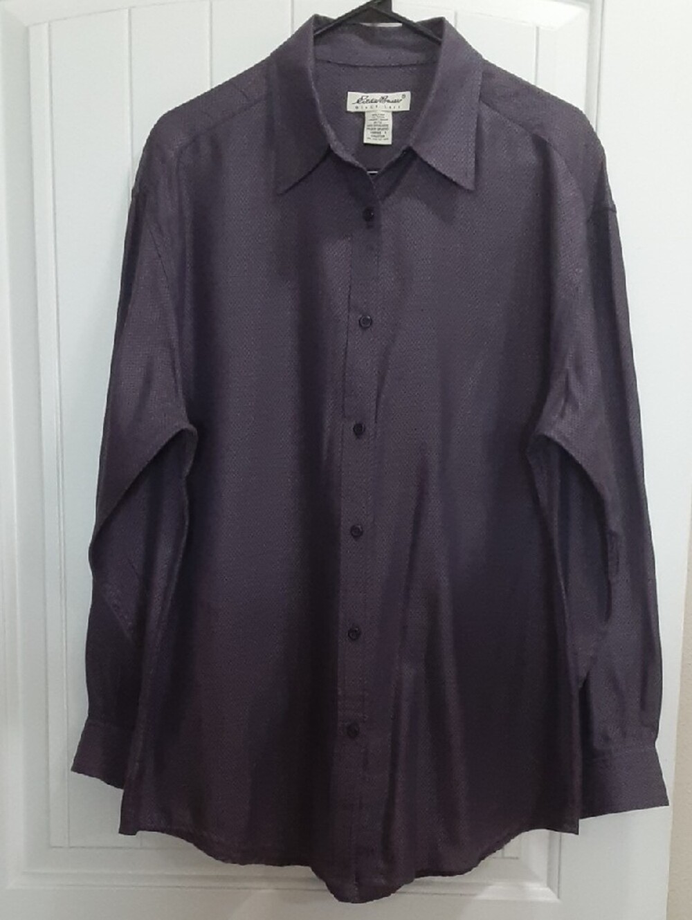 VTG Eddie Bauer Micro Jacquard Button Down Boyfriend Shirt Women's M Plum Purple